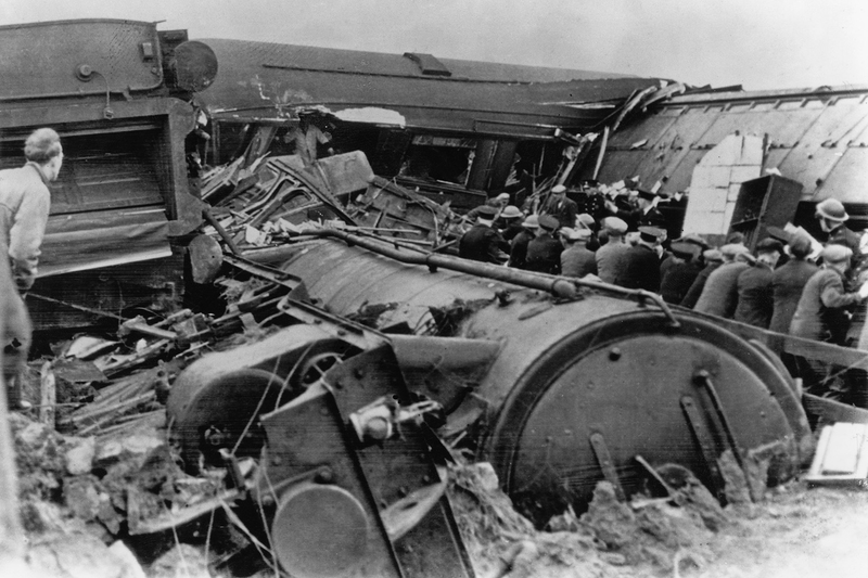 The aftermath of the Goswick rail crash near Goswick in Northumberland, 27th October 1947. The Flying Scotsman from Edinburgh to London derailed, killing 28 people. (Photo by Keystone/Hulton Archive/Getty Images)